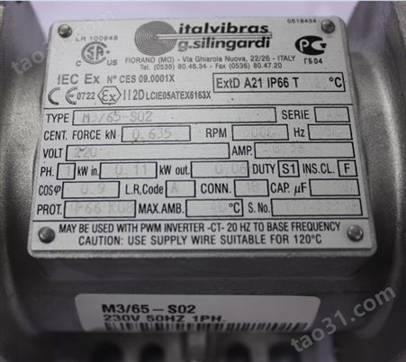 ITALVIBRAS,微型振动电机，M3/65,230V ,50HZ,单相，2级,振动筛用卧式振动电机